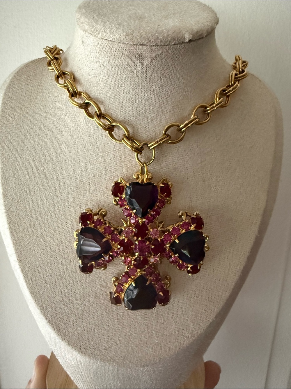 Vintage Gold-Tone Necklace with Deep Red Cross Pendant